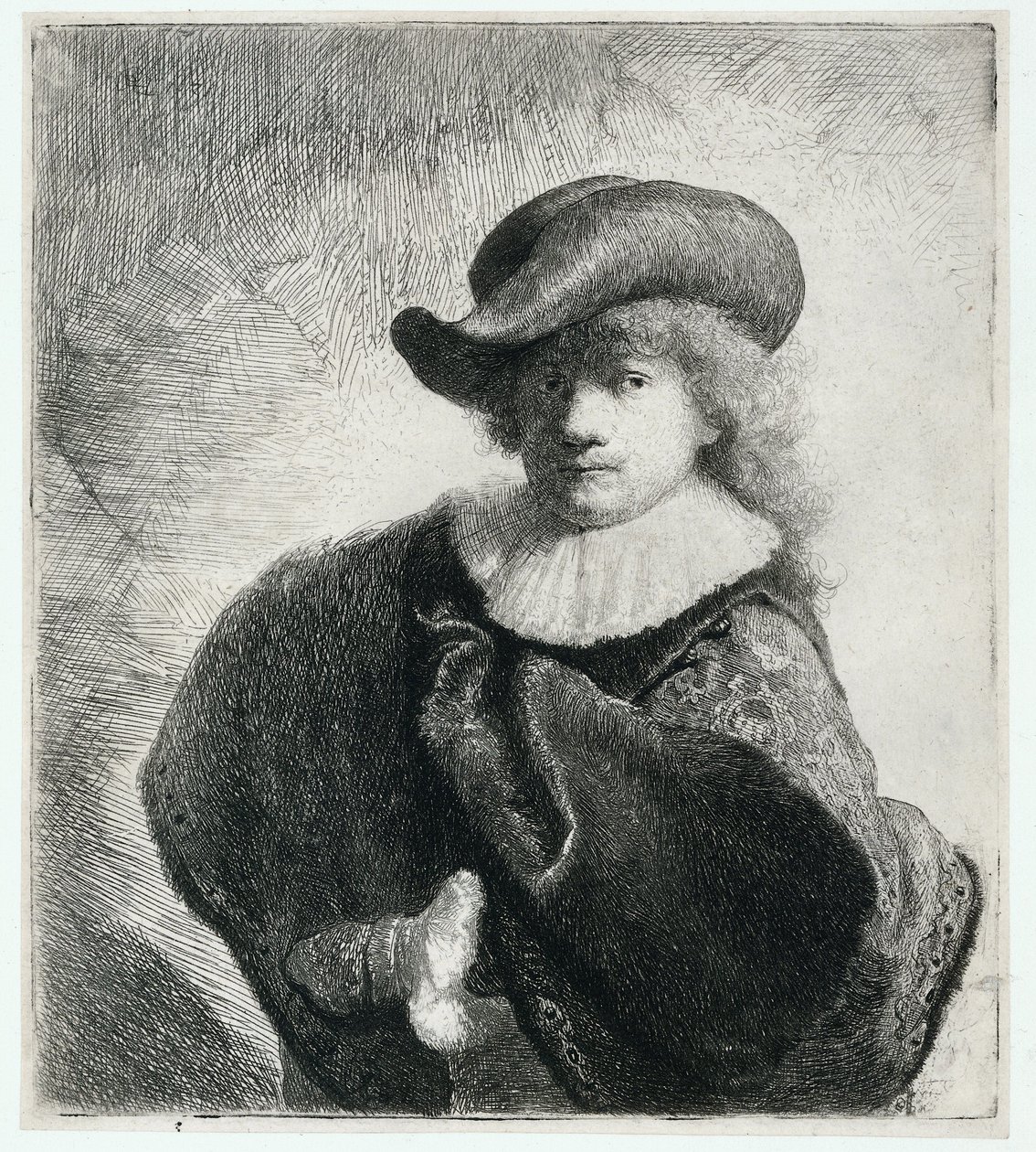 Zelfportret met een zachte hoed en een patroonmantel door Rembrandt Harmensz. van Rijn