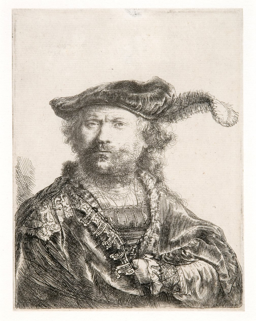 Zelfportret met fluwelen muts en pluim door Rembrandt Harmensz. van Rijn
