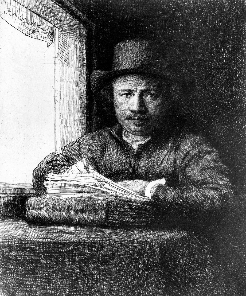 Zelfportret tijdens het tekenen door Rembrandt van Rijn