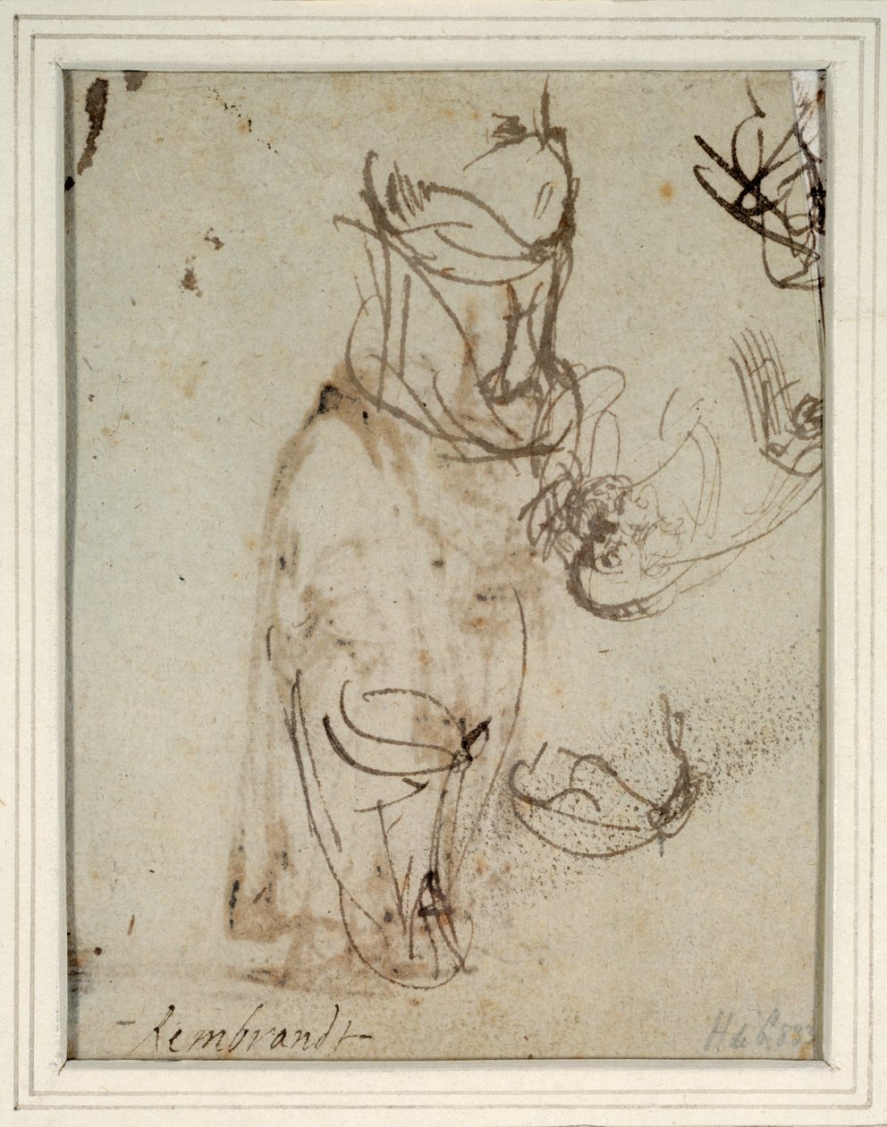 Studies van een hoge hoofdtooi; en van een omgekeerd hoofd van de recto door Rembrandt Harmensz. van Rijn