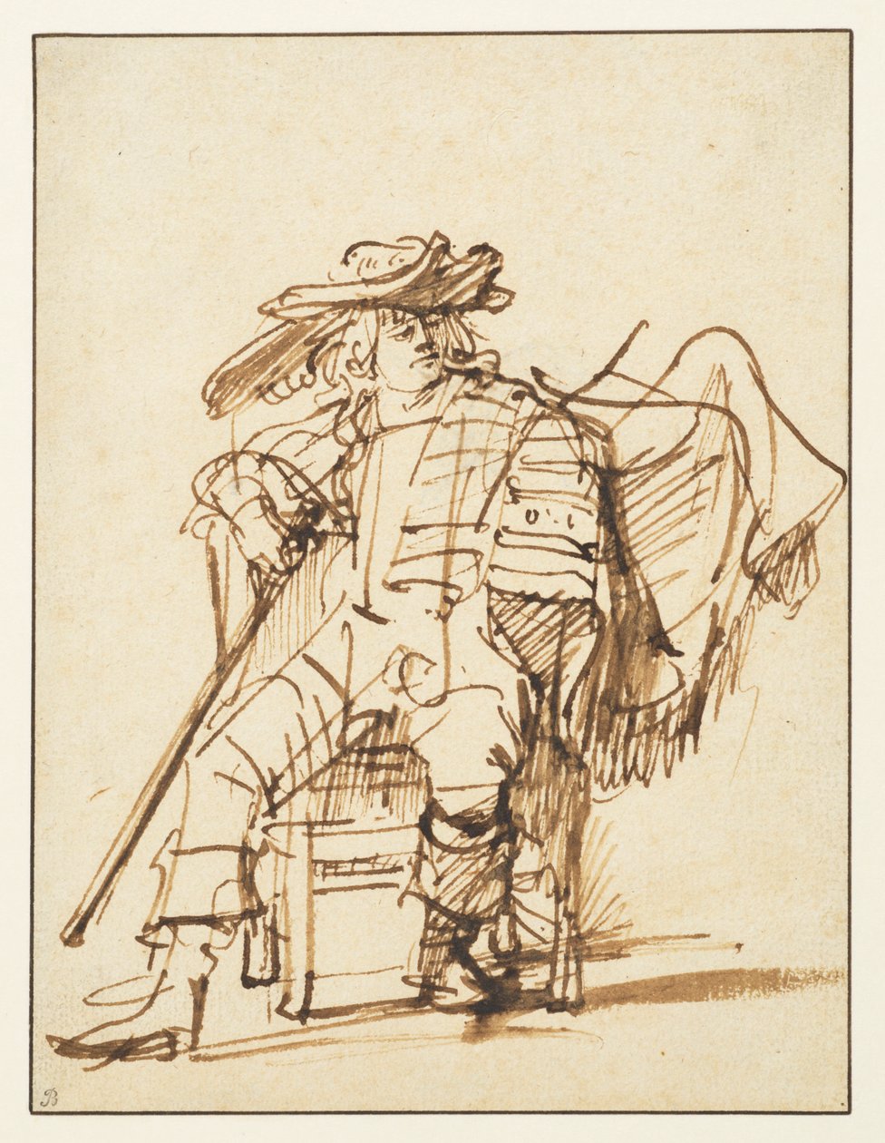 Studie van een zittende acteur met een gevederde hoed - Capitano van de Commedia dell