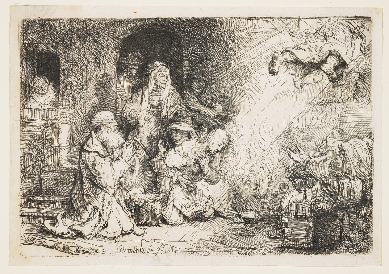 De engel vertrekt uit de familie van Tobias door Rembrandt van Rijn