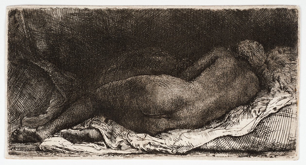 De naakte vrouw, slapend met haar billen in de wind door Rembrandt Harmensz. van Rijn