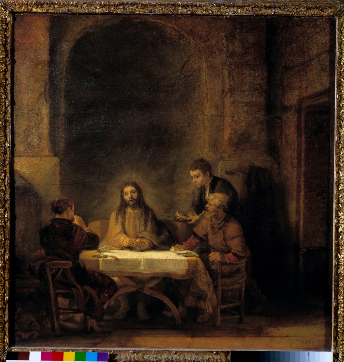De pelgrims van Emmaüs Christus verschijnt aan de pelgrims die aan een tafel zitten in een herberg in Emmaüs. Schilderij door Harmensz van Rijn genaamd Rembrandt (1606-1669) 1648 - Pelgrims in Emmaüs ook wel het Avondmaal in Emmaüs genoemd. Christus versch door Rembrandt van Rijn