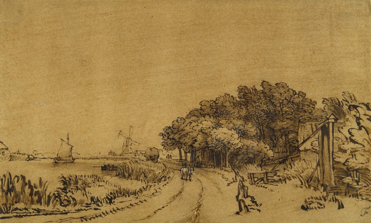 Uitzicht op de Amstel: de weg op de Amsteldijk naar Trompenburg, ca. 1649-50 door Rembrandt Harmensz. van Rijn