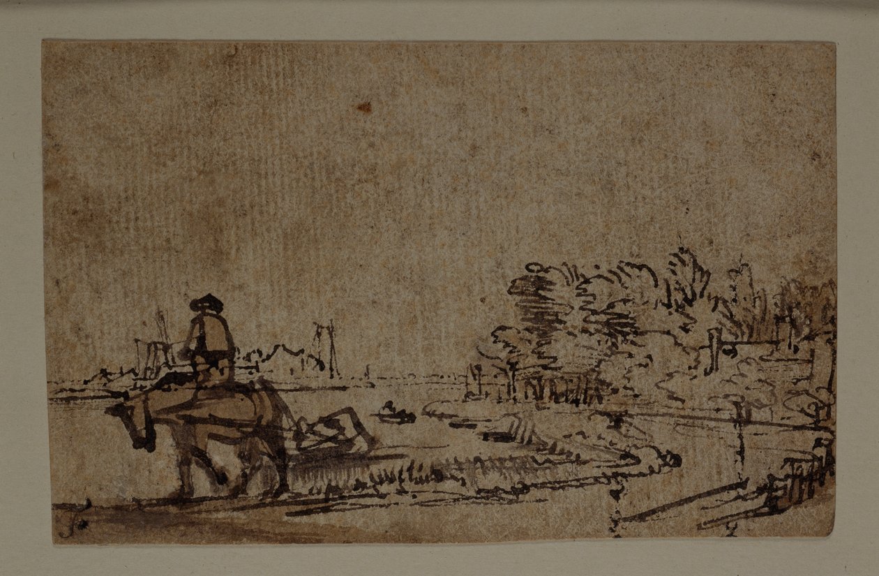 Gezicht op de Amstel, met een paard dat een schuit sleept, ca. 1650 door Rembrandt Harmensz. van Rijn