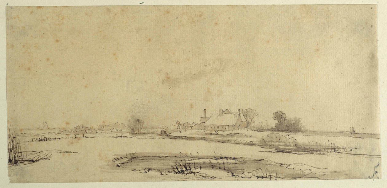 Water, weiden en een boerderij door Rembrandt Harmensz. van Rijn