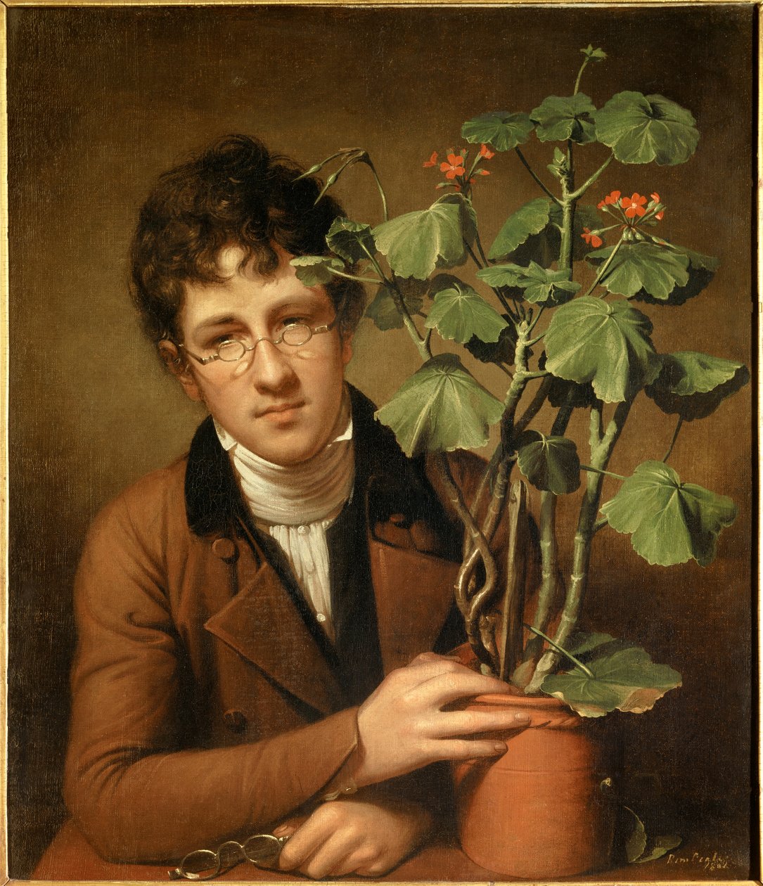 Portret van de schilder Rubens Peale (1784-1864) met een geranium. Schilderij door Rembrandt Peale (1778-1860) 1801. Privécollectie door Rembrandt Peale