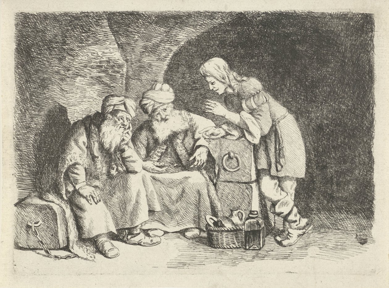 Jozef verklaart de dromen van de bakker en de schenker door Rembrandt van Rijn (follower of)