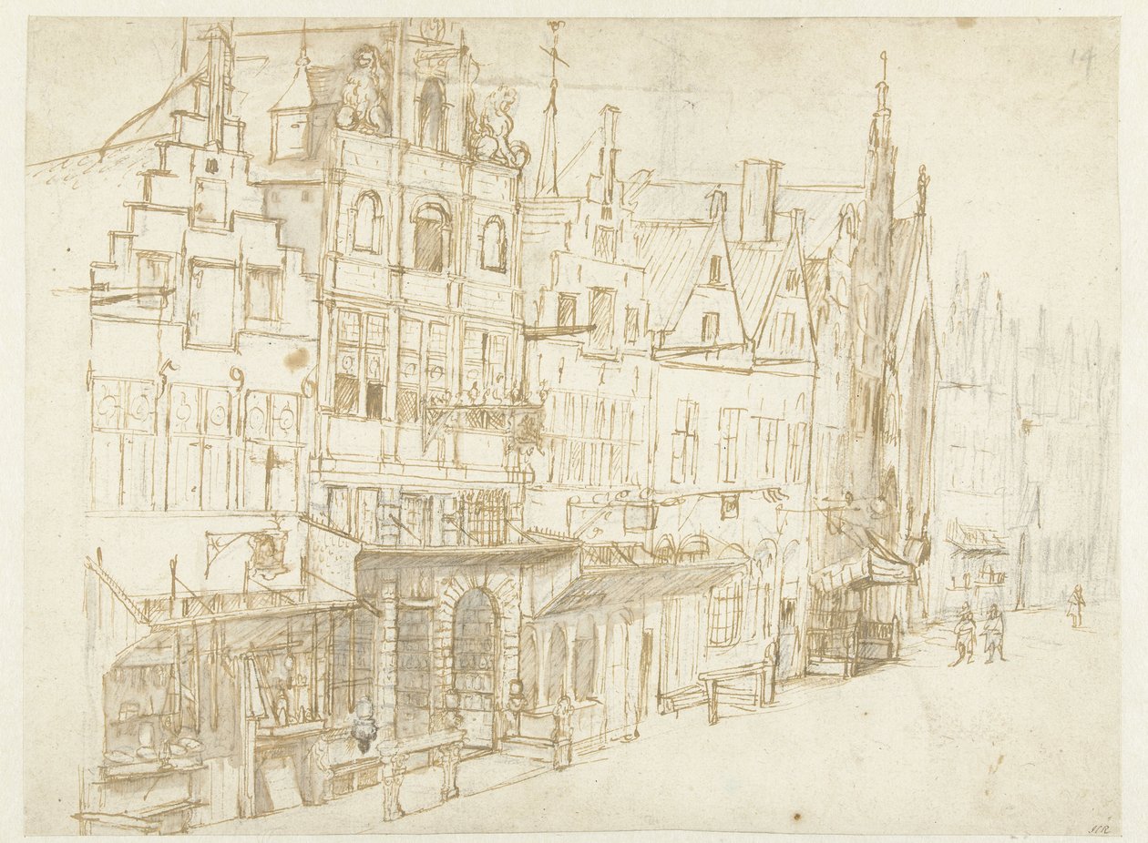 Gezicht op een huizenrij in een stad door Rembrandt van Rijn (school of)