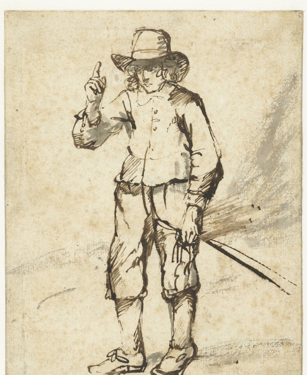 Staande jongen met een zweep en zijn rechterhand omhoog door Rembrandt van Rijn (school of)