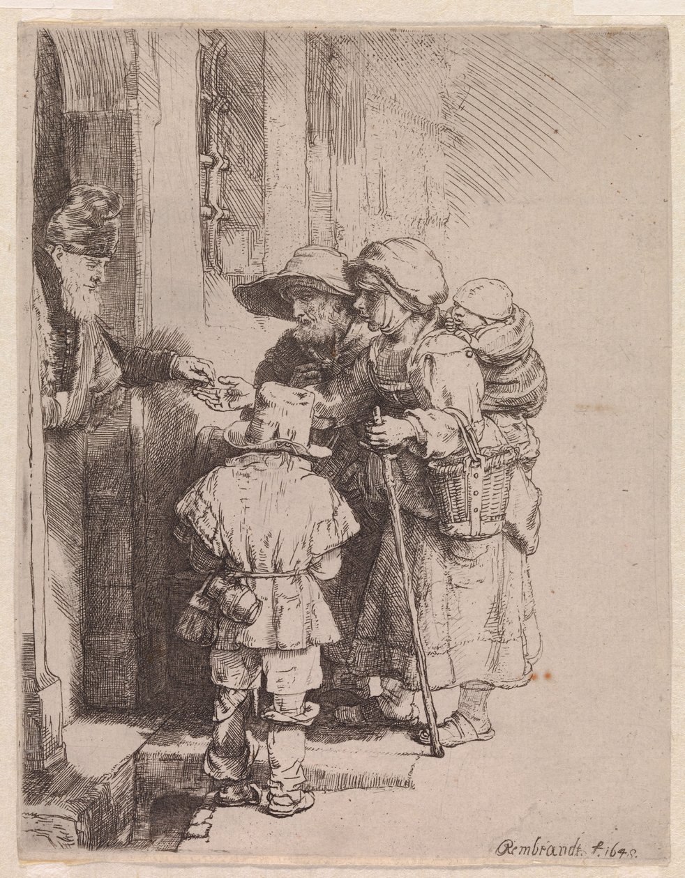 Een bedelaarsgezin dat aalmoezen ontvangt door Rembrandt van Rijn