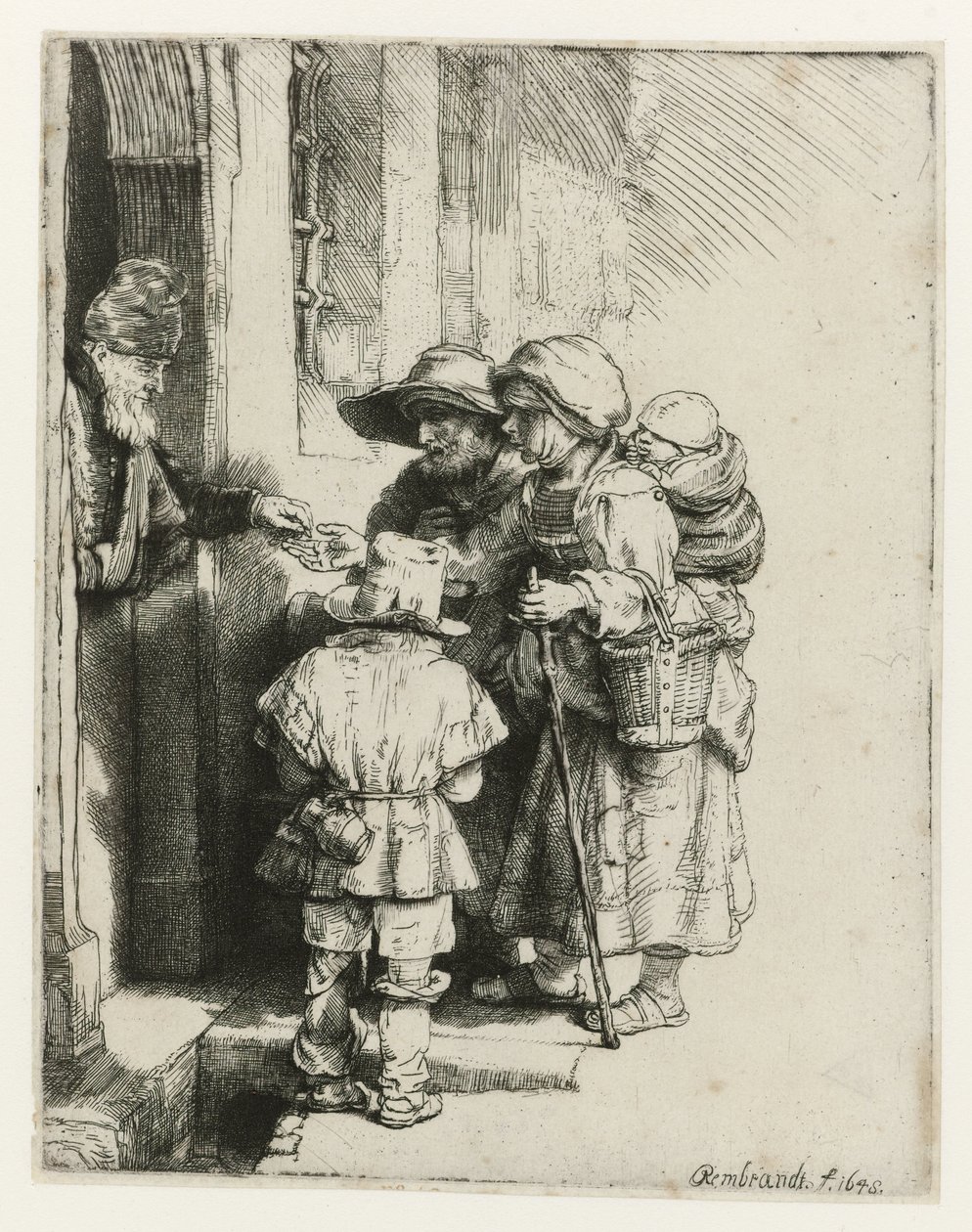 Een blinde draailierspeler en zijn familie door Rembrandt van Rijn