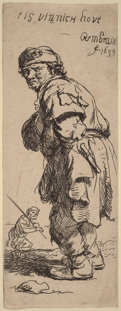 Een boer roept: „tis vinnich kout“ (Het is ijskoud) door Rembrandt van Rijn
