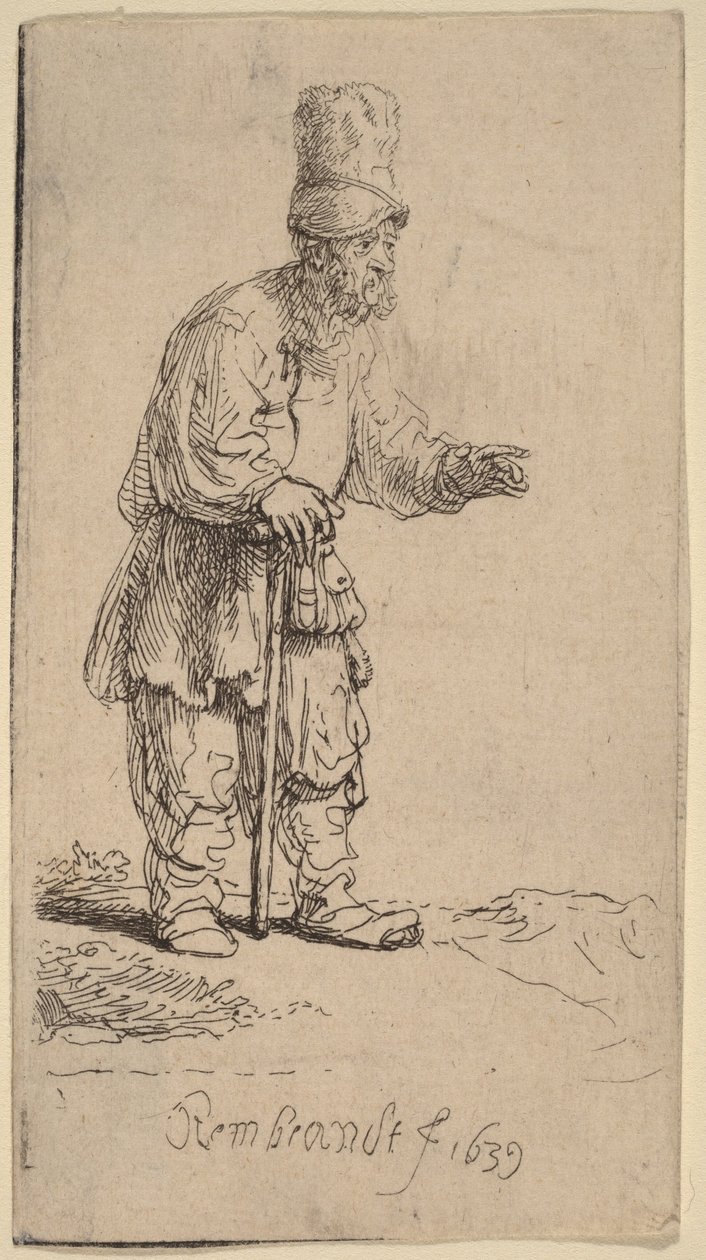 Een boer met een hoge muts, staand en leunend op een stok door Rembrandt van Rijn