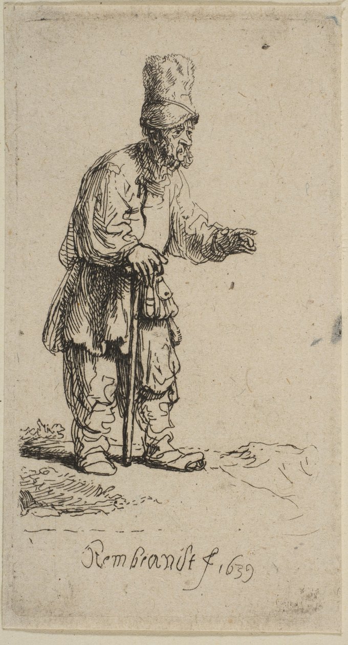 Een boer met een hoge pet, staand leunend op een stok, 1639 door Rembrandt van Rijn