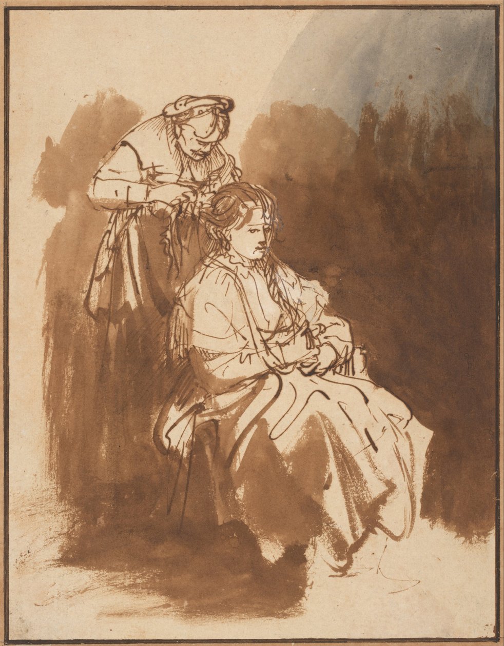 Een Jonge Vrouw die Haar Haar Vlecht, ca 1637 door Rembrandt van Rijn