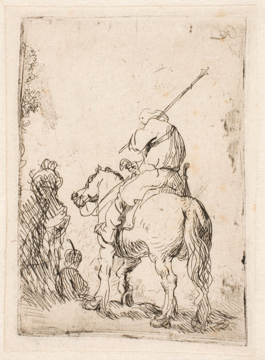Een soldaat met een tulband te paard door Rembrandt van Rijn