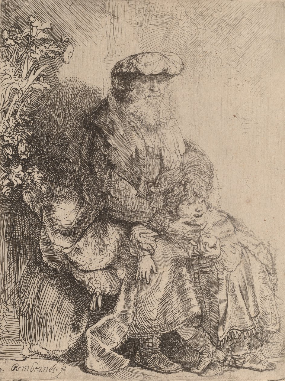 Abraham streelt Isaak door Rembrandt van Rijn