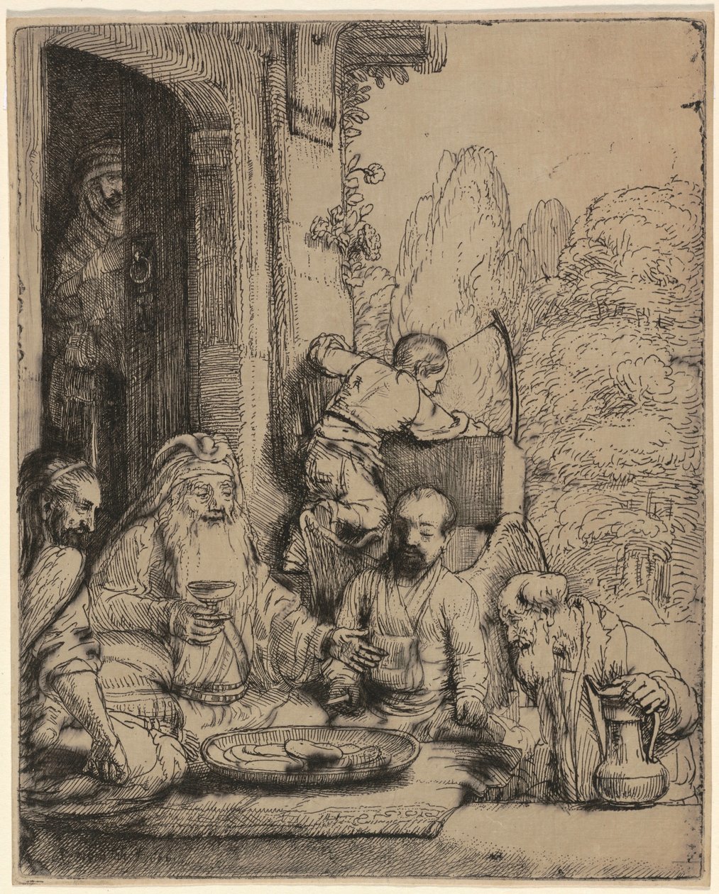 Abraham ontvangt de engelen door Rembrandt van Rijn