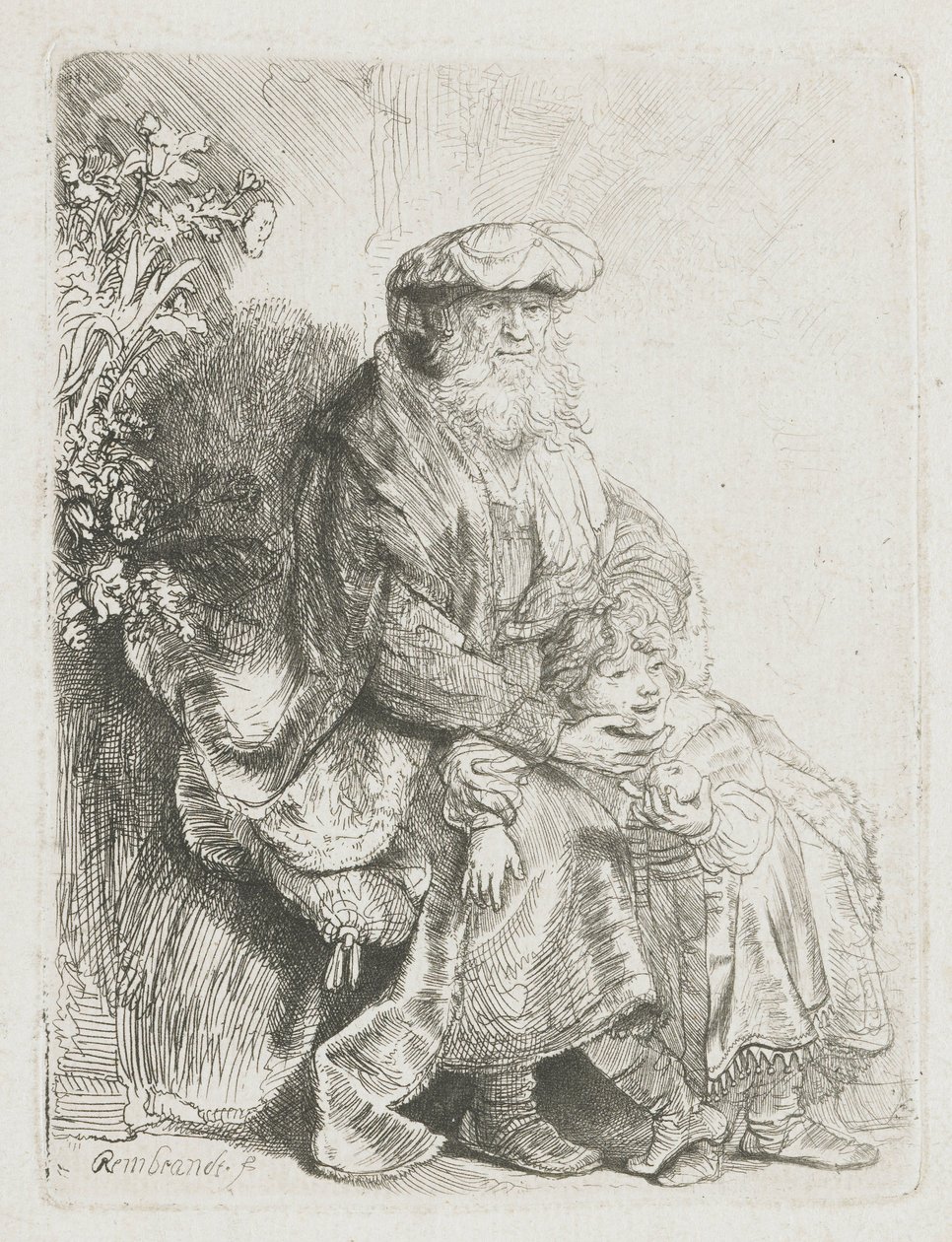 Abraham streelt Isaac door Rembrandt van Rijn
