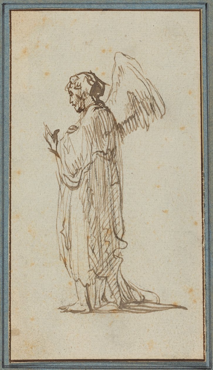 Staande engel (pen en bruine inkt over sporen van houtskool op geschept papier) door Rembrandt van Rijn