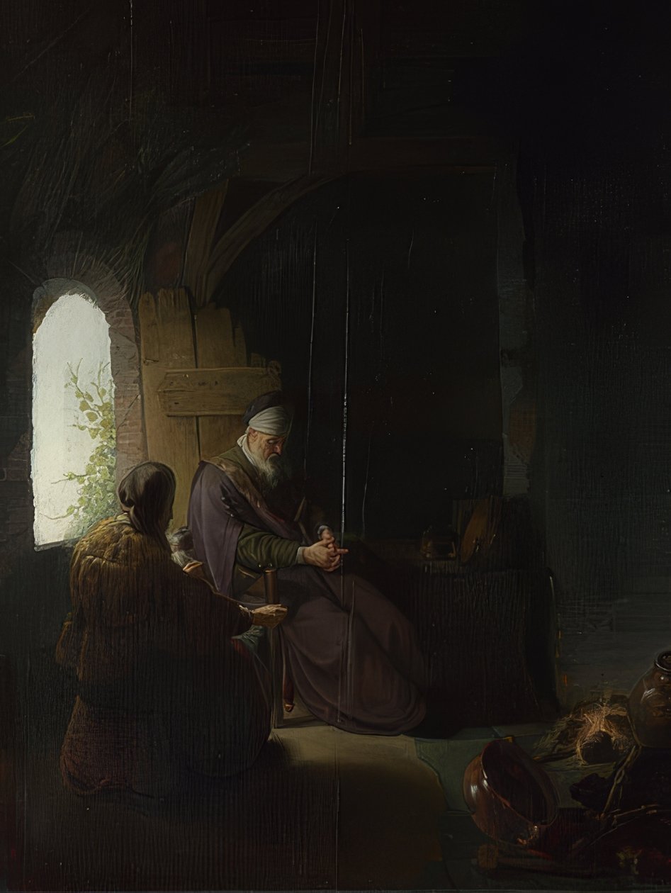 Anna en de blinde Tobit. Rond 1630 door Rembrandt van Rijn
