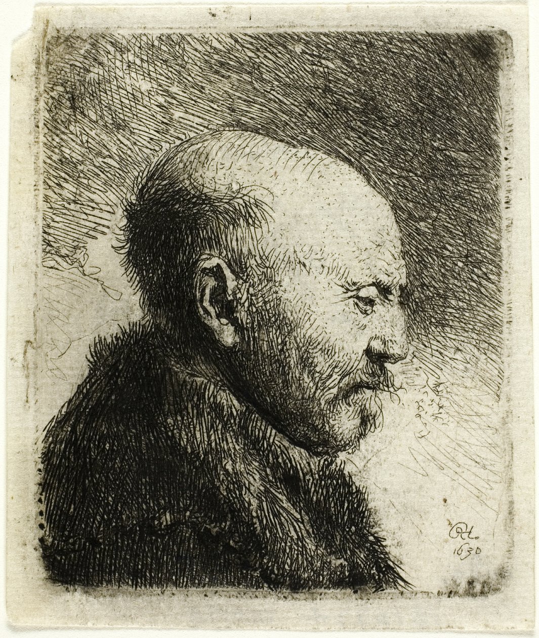 Man met kaal hoofd in profiel rechts: De vader van de kunstenaar () door Rembrandt van Rijn