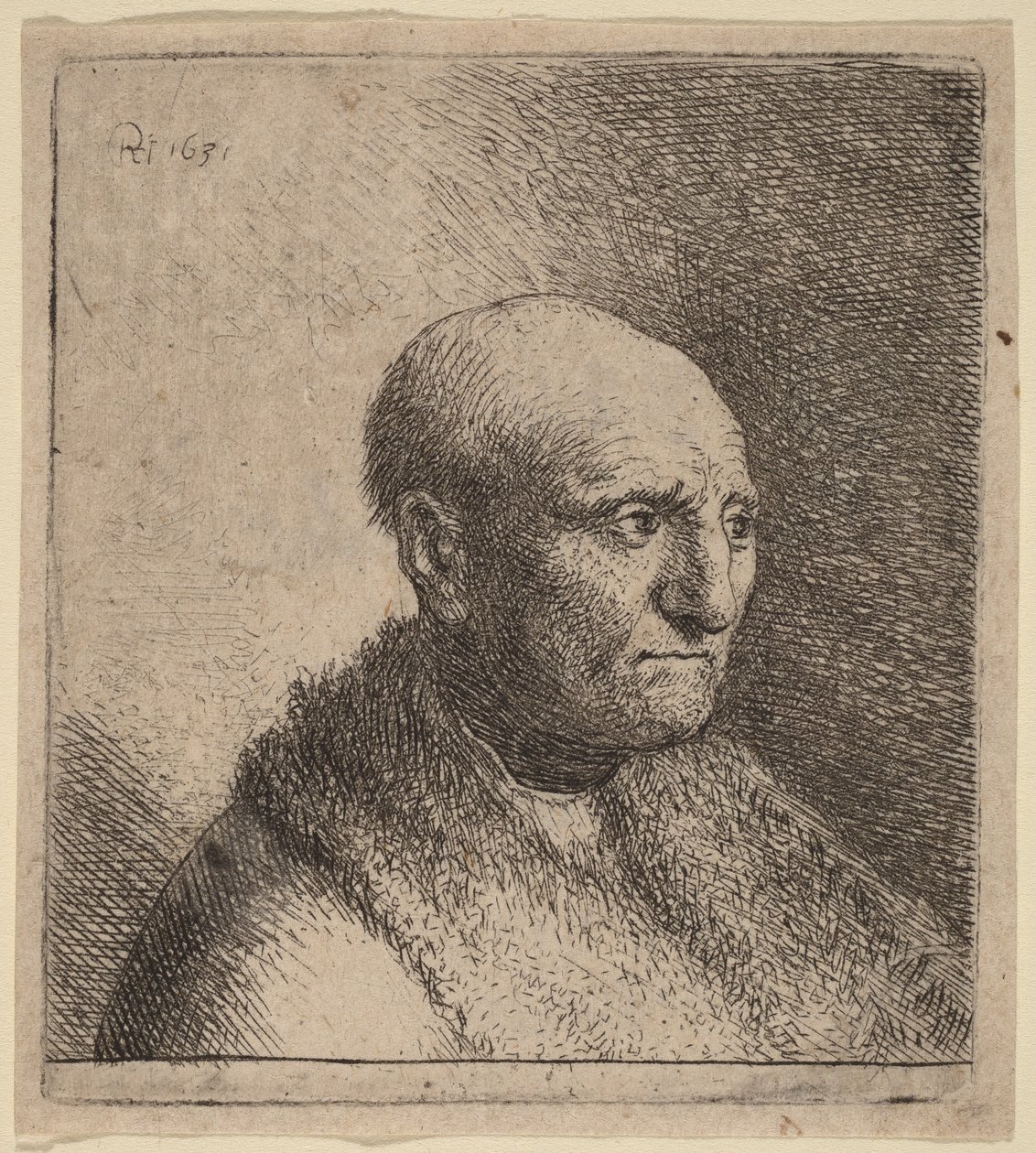 Kale man in een bontmantel door Rembrandt van Rijn