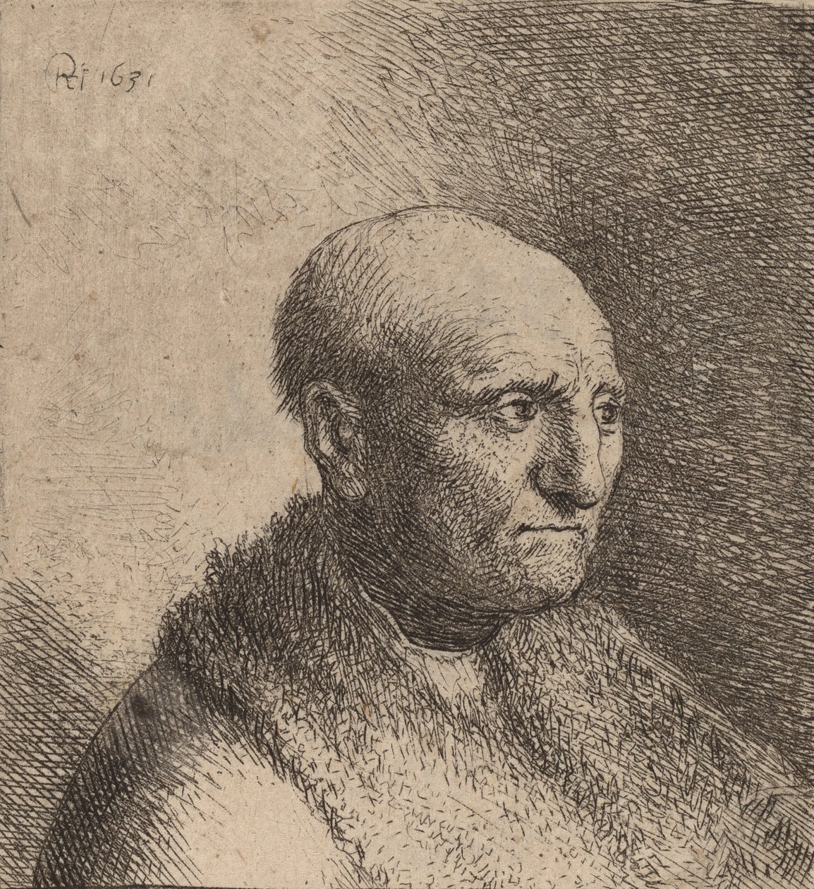 Kale man in een bontjas door Rembrandt van Rijn