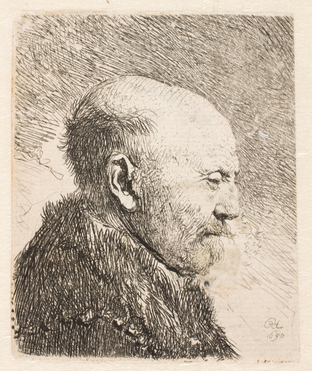 Kale man in profiel (Rembrandts vader?) door Rembrandt van Rijn