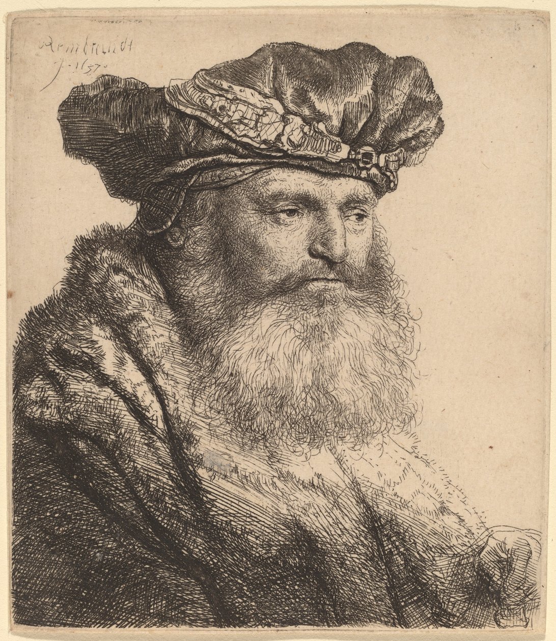 Bebaarde man in een fluwelen muts met een juweel door Rembrandt van Rijn