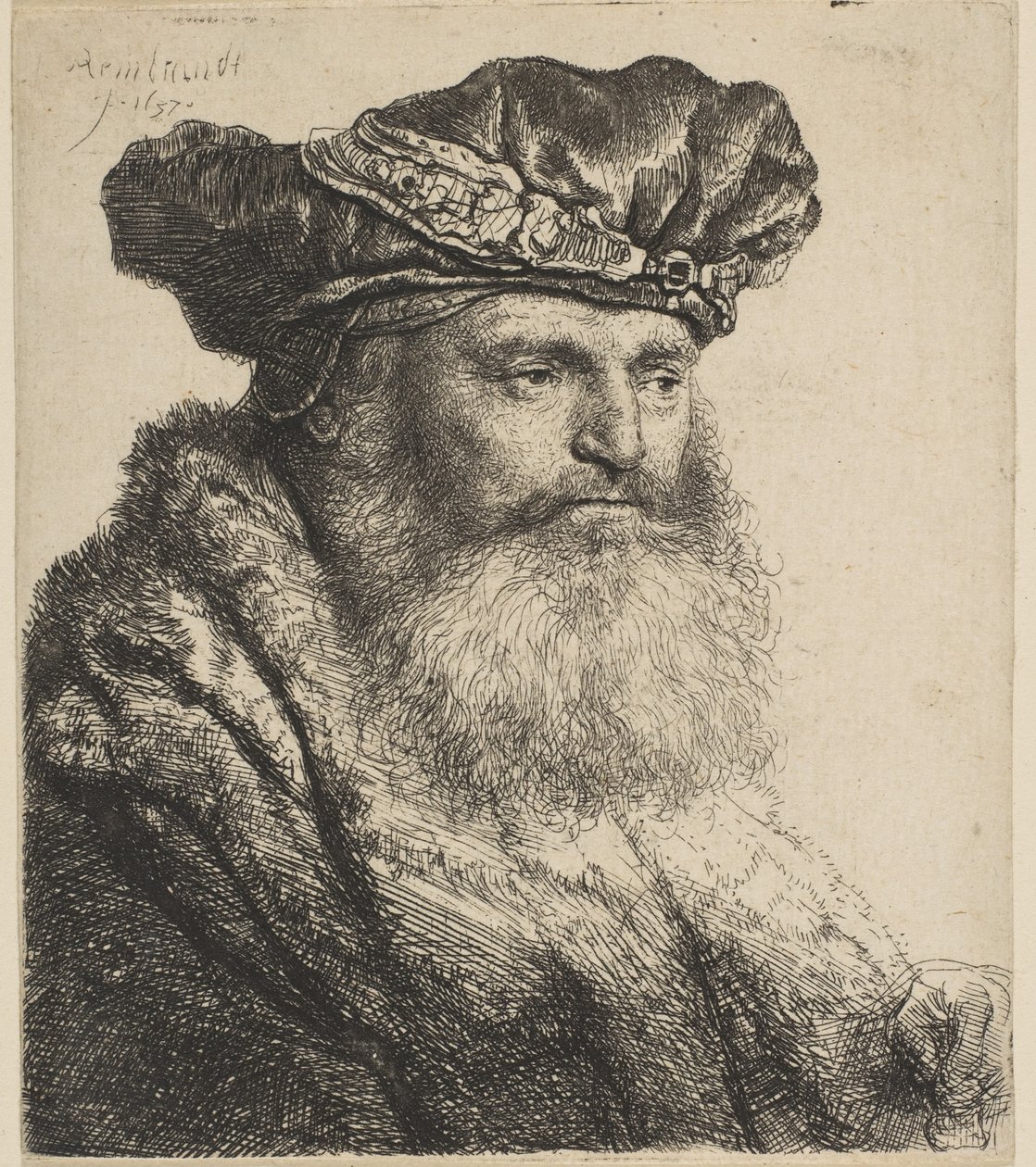 Baardige man met een fluwelen muts met een juweelgesp, 1637 door Rembrandt van Rijn