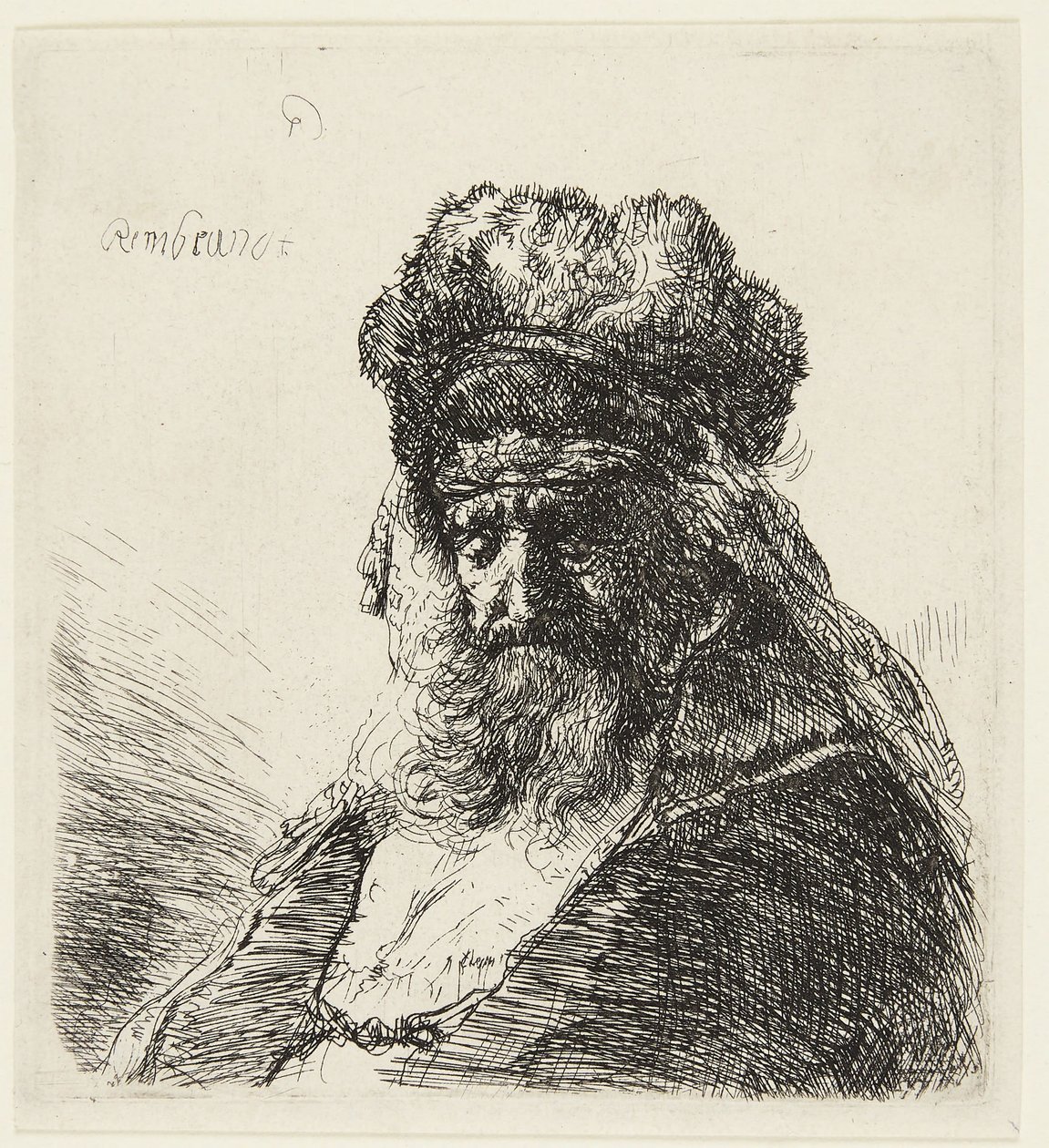 Een bebaarde oude man met een hoge bontmuts, met gesloten ogen door Rembrandt van Rijn