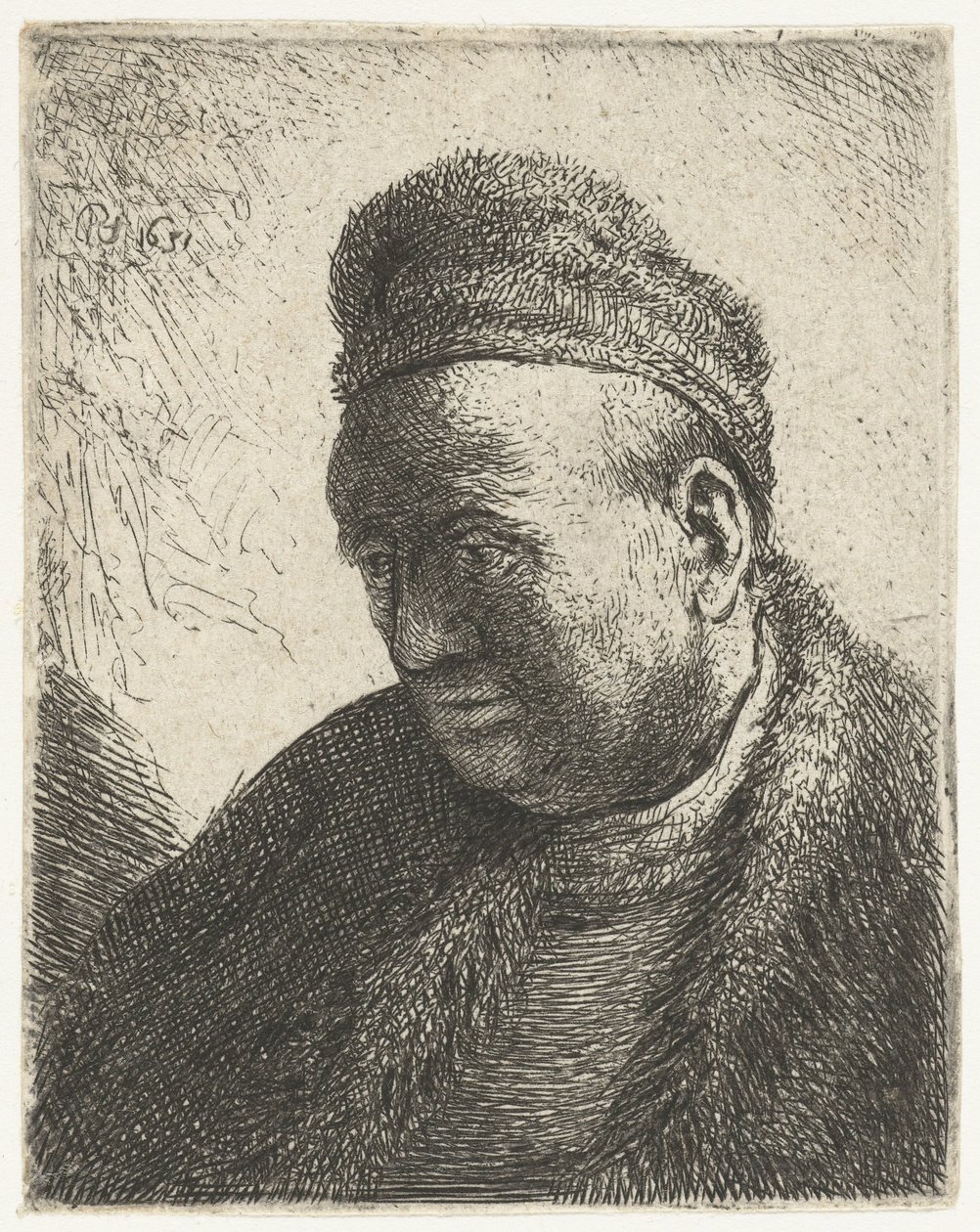 Baardloze man in een bontjas en muts: buste door Rembrandt van Rijn