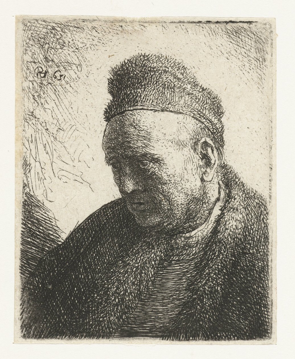 Beardless man in a fur cloak and cap: bust door Rembrandt van Rijn