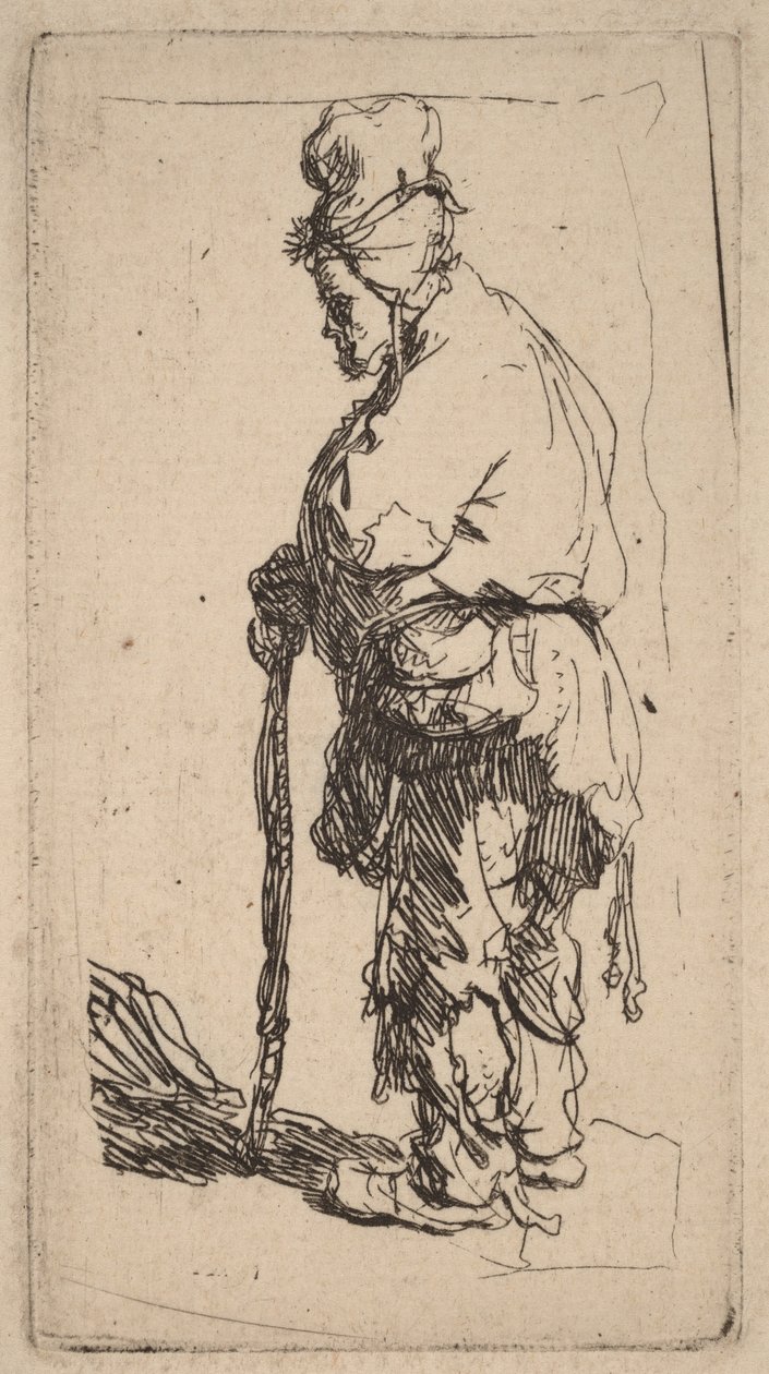 Bedelaar die op een stok leunt, naar links kijkend door Rembrandt van Rijn
