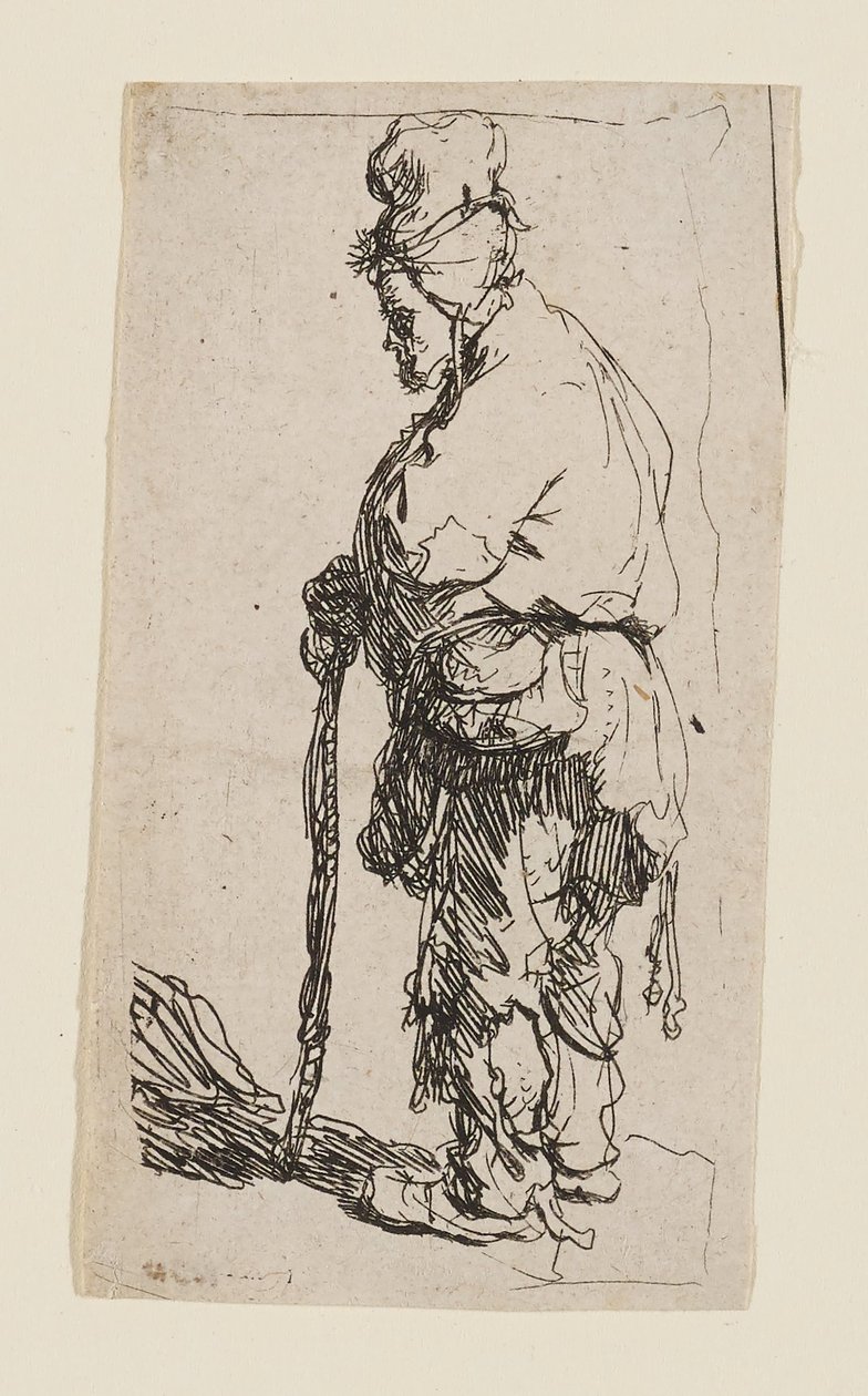 Bedelaar leunend op een stok, naar links gericht door Rembrandt van Rijn