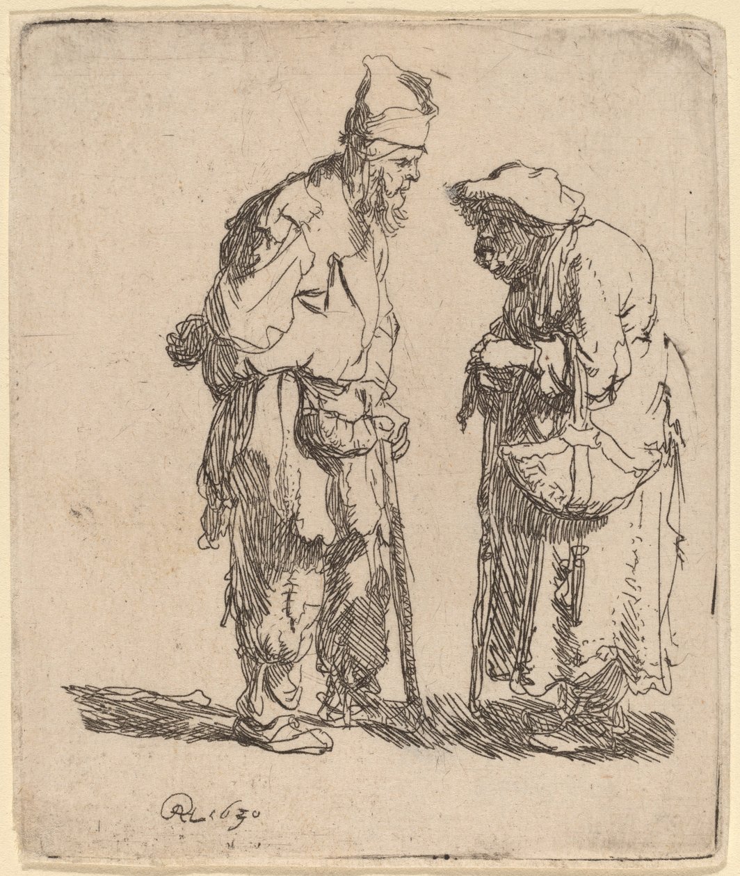 Bedelman en bedelvrouw in gesprek door Rembrandt van Rijn