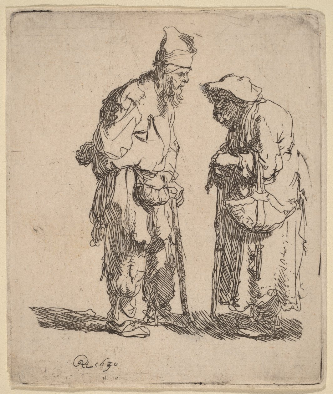 Een bedelaar en een bedelaarster in gesprek door Rembrandt van Rijn
