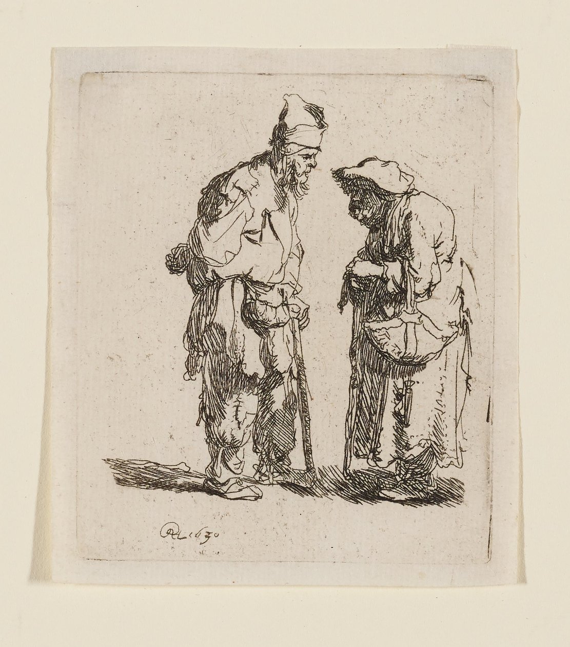 Een bedelaar en een bedelaarster in gesprek door Rembrandt van Rijn