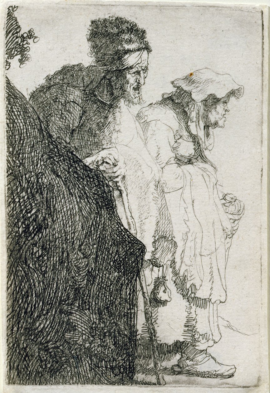 Bedelaar Man en Vrouw Achter een Bank, ca. 1630 door Rembrandt van Rijn