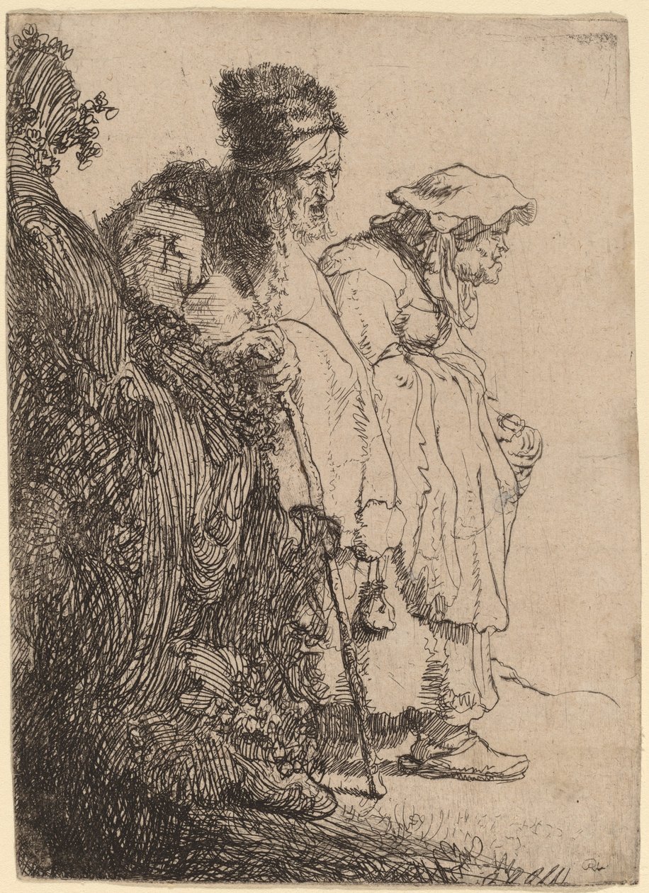 Bedelaar man en vrouw achter een bank door Rembrandt van Rijn