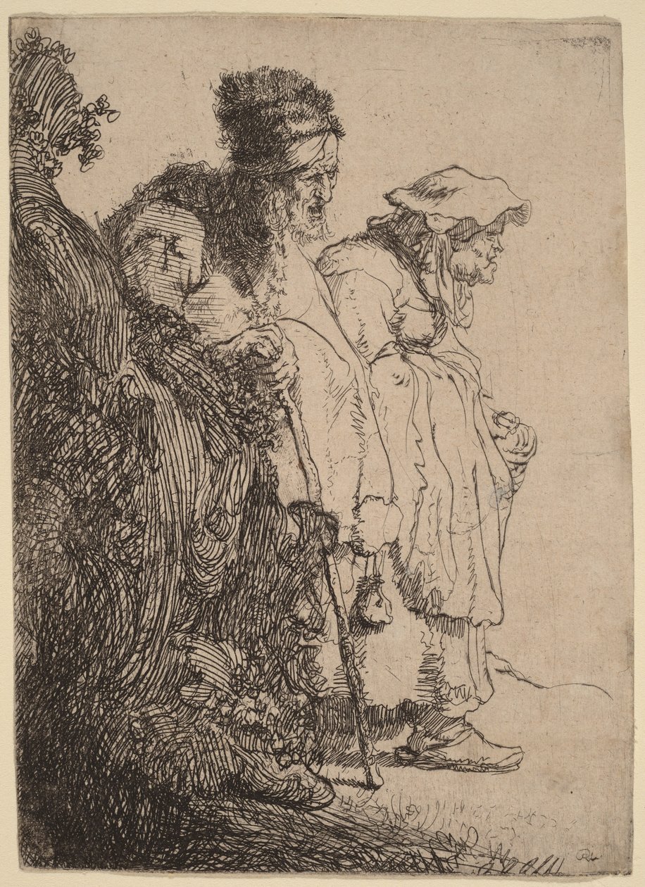 Een bedelaar en een bedelaarster achter een bank door Rembrandt van Rijn