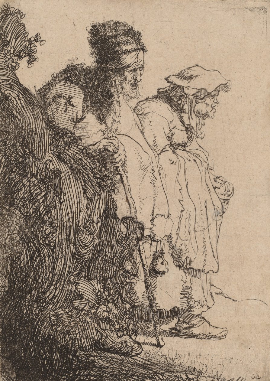 Bedelman en vrouw achter een bank, c. 1630 door Rembrandt van Rijn