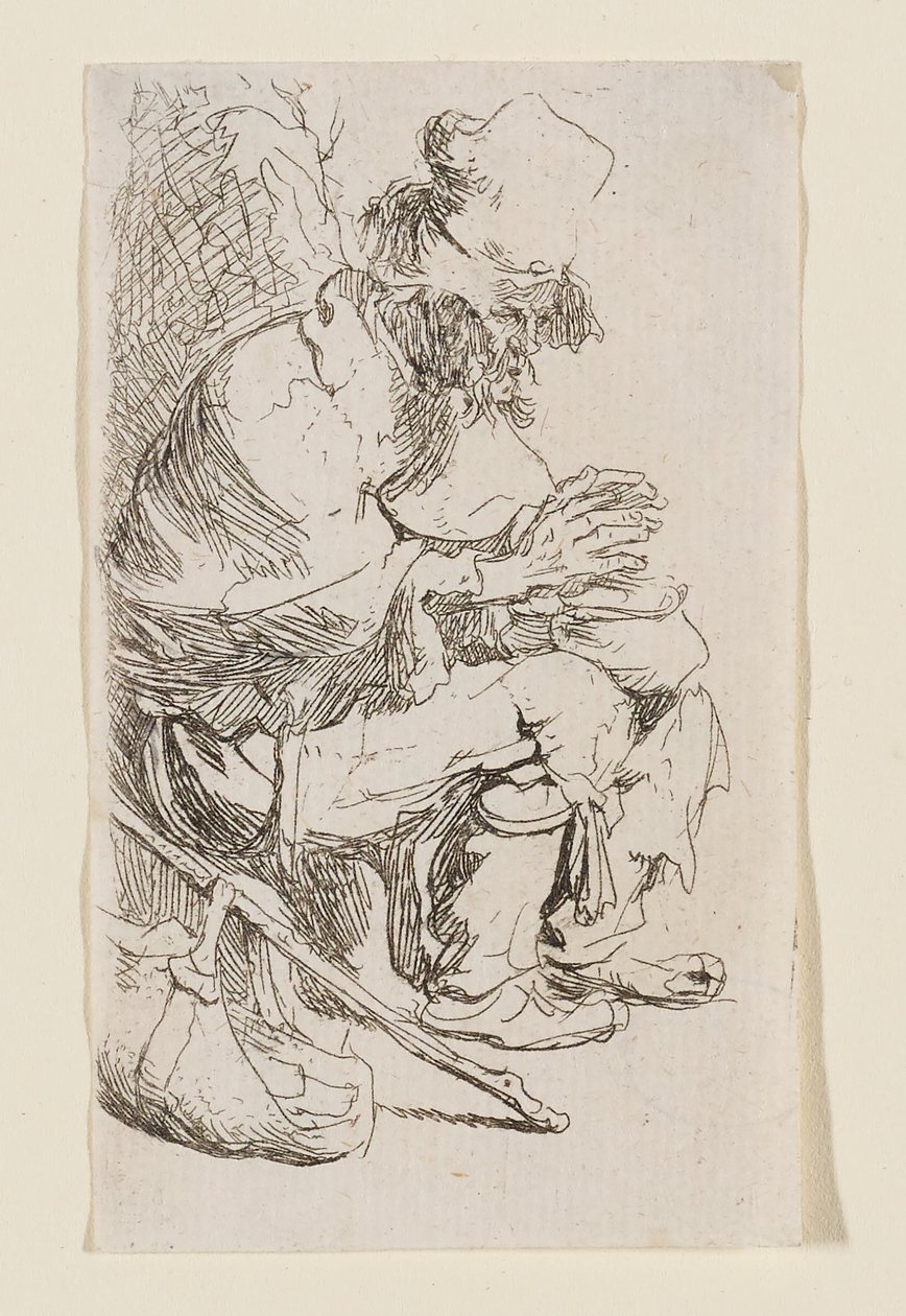 Zittende bedelaar die zijn handen warmt aan een komfoor door Rembrandt van Rijn