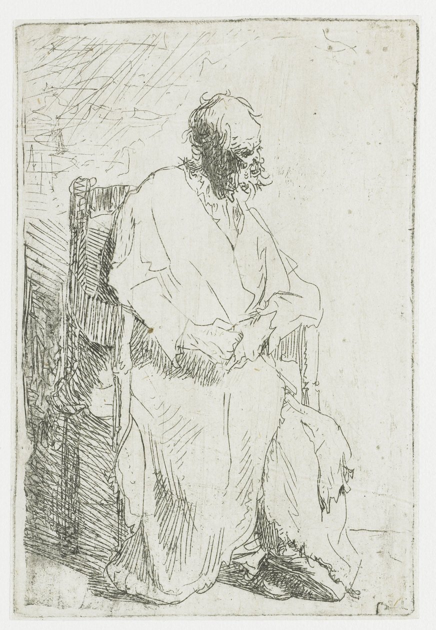Bedelaar, zittend in een fauteuil door Rembrandt van Rijn