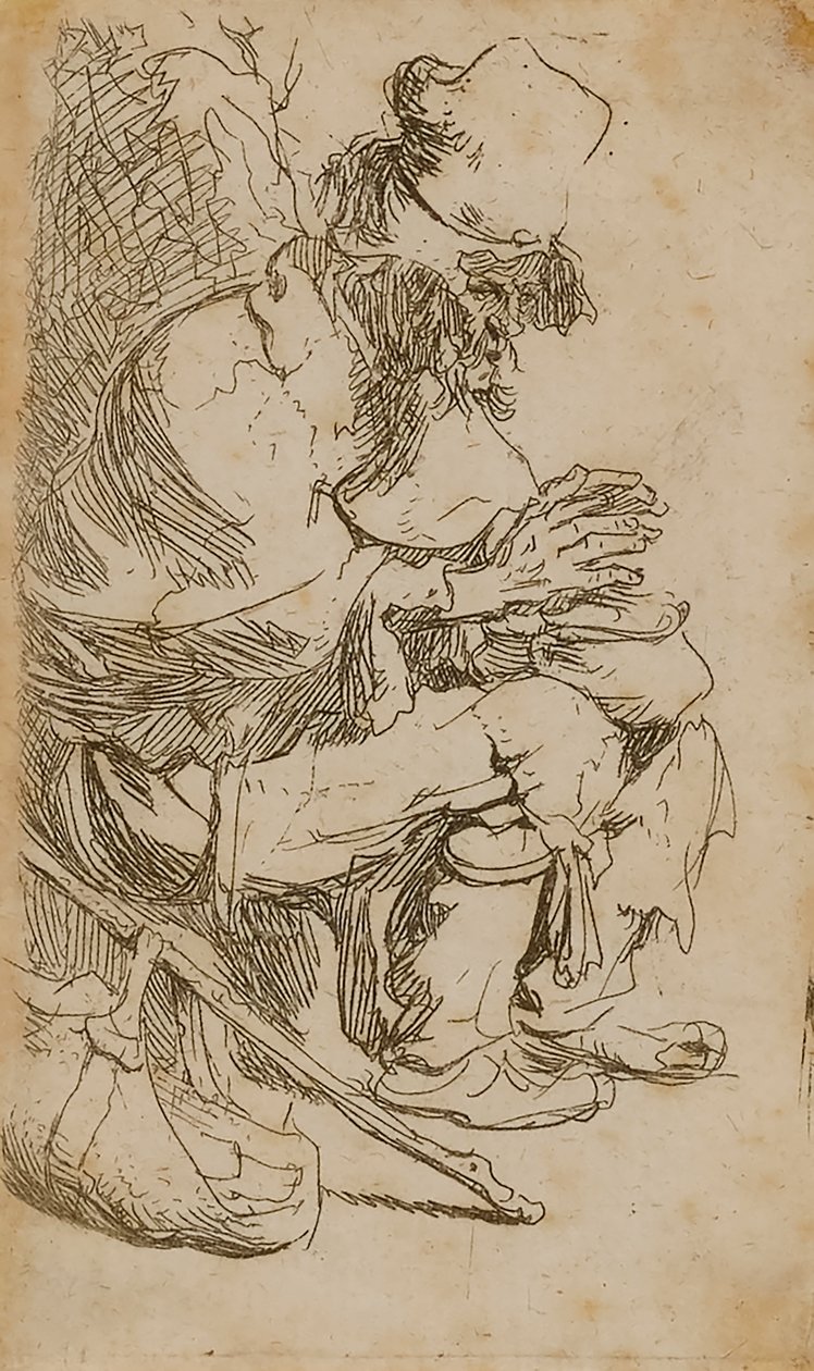 Bedelaar verwarmt zijn handen door Rembrandt van Rijn