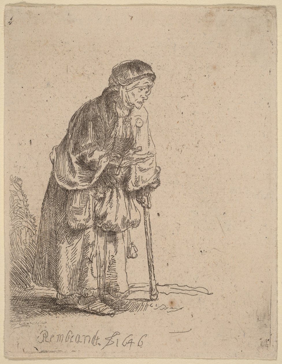 Bedelaarster die op een stok leunt door Rembrandt van Rijn