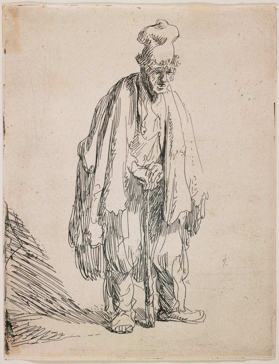 Bedelaar met een hoge pet, leunend op een stok door Rembrandt van Rijn